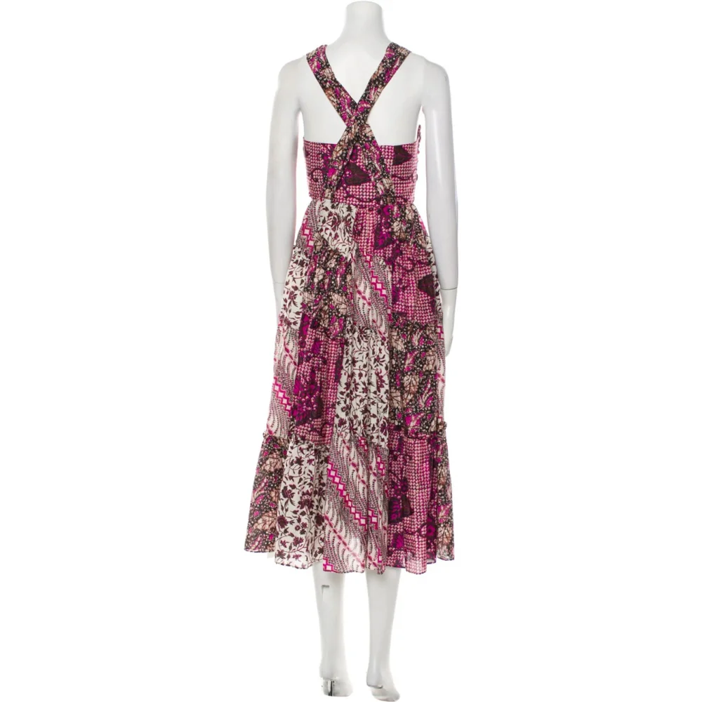 Ulla Johnson Naaila Silk Midi Dress Size 4 Batik Patchwork Keyhole Cutout Pink - Picture 3 of 5